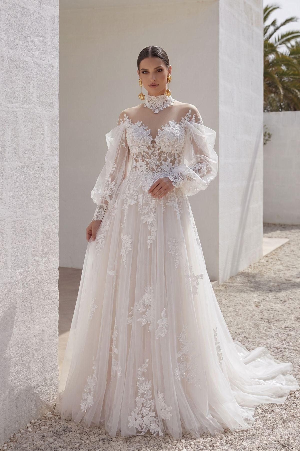 A-Line Court Train Lace Tulle Wedding Dress CW3156 - 35 Days / As Picture:Ivory/Nude / US0-UK2-EUR30 - COCOMELODY